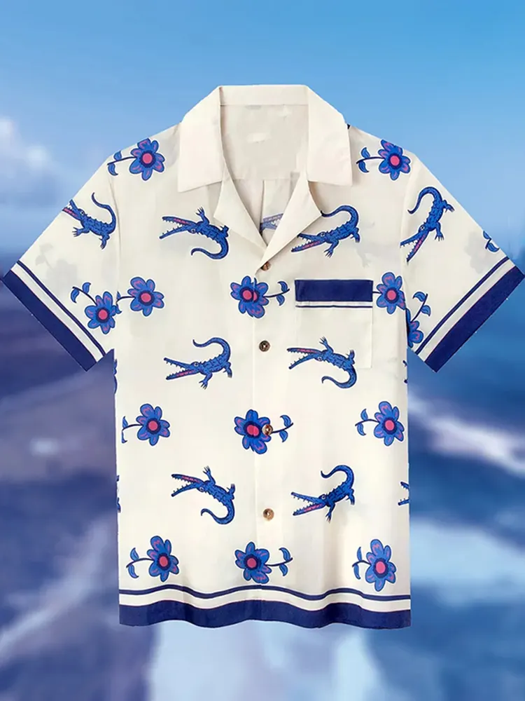 Men's Flower Crocodile Art Linen Blend Cozy Shirt - White