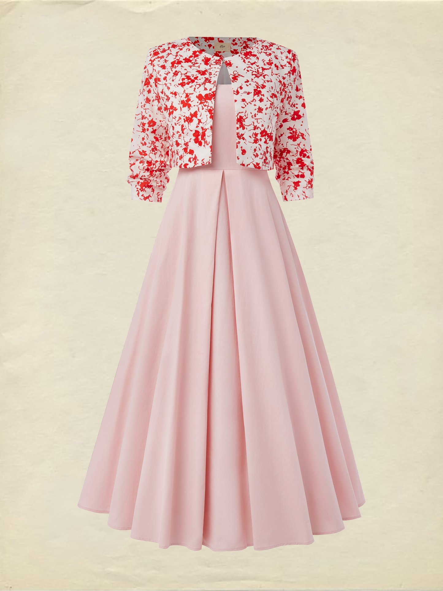 Maxi Cotton Dress Set, Half Sleeve, Round Neck, Floral, Pocket Design, French Vintage, Light Pink - Light Pink