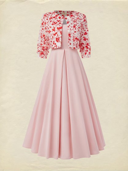 Maxi Cotton Dress Set, Half Sleeve, Round Neck, Floral, Pocket Design, French Vintage, Light Pink - Light Pink