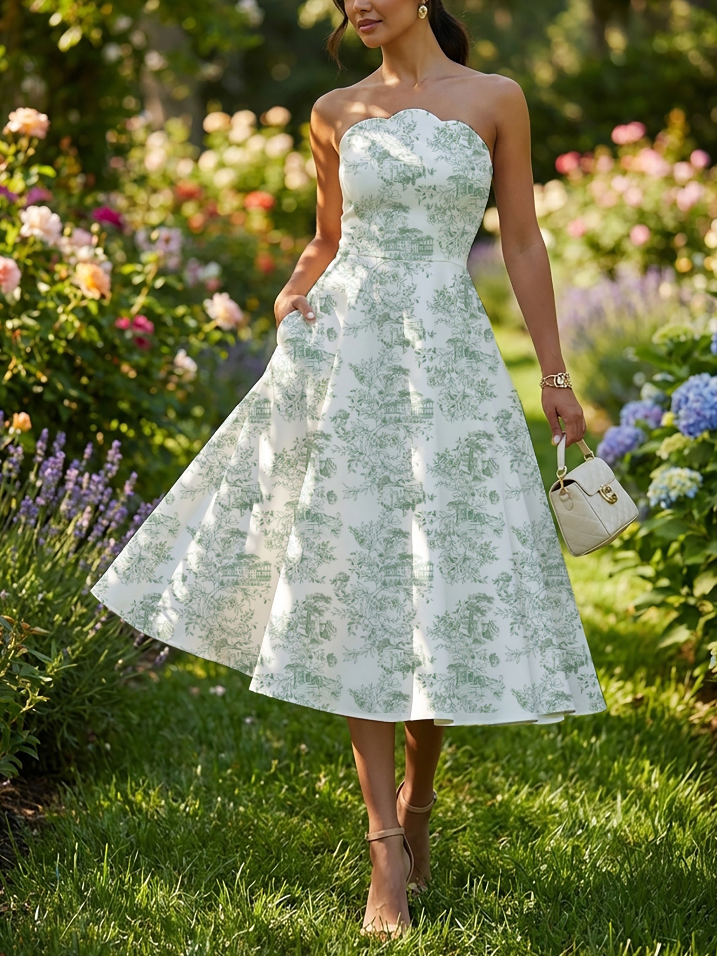 Midi Linen Dress, Sleeveless, Floral, Pocket Design, Vacation, Vintage, Green - Green