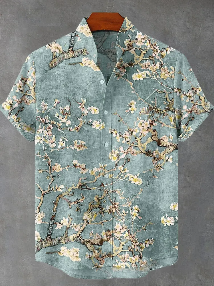 Vintage White Art Florets Print Casual Cotton Shirt - Grey