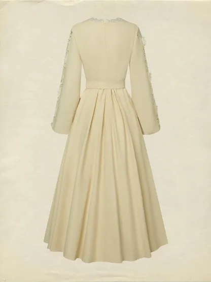 Midi Linen Dress, Long Sleeves, Plain, Lace, French Vintage, Apricot - Apricot