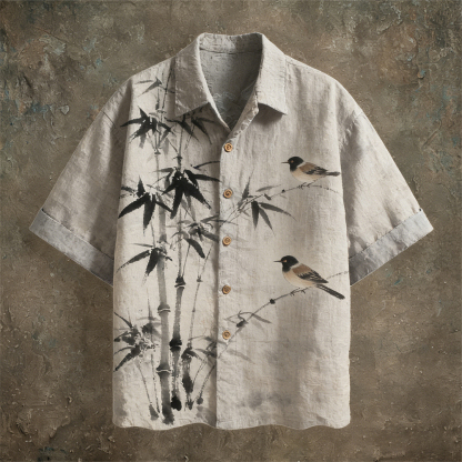 Japanese Ink Painting Art Linen Short Sleeve Shirt - Beige