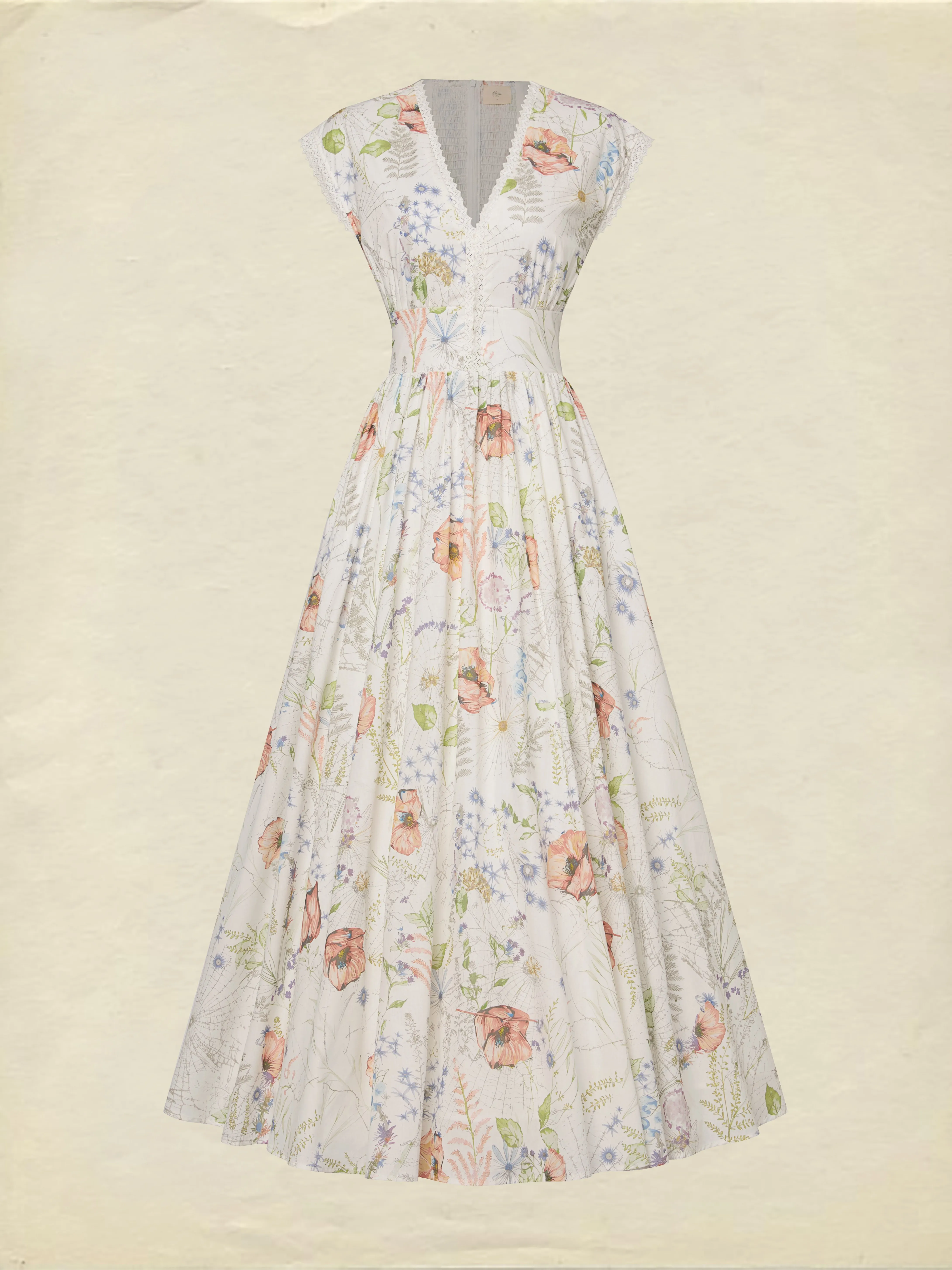 Maxi Cotton Dress, Cap Sleeves, V Neck, Floral, Lace, Vintage, Red - Red