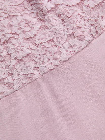 Midi Cotton Dress, Sleeveless, Off The Shoulder, Plain, Lace, French Vintage, Pink - Pink