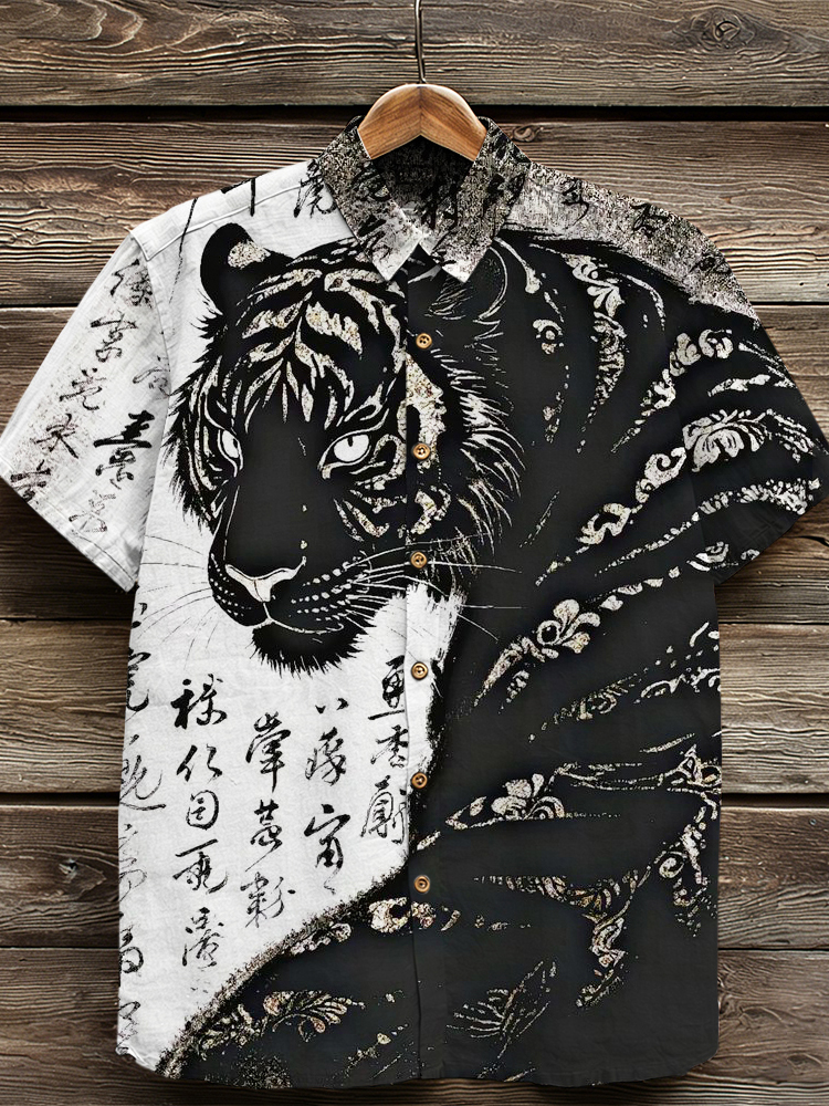 Japanese Tiger Calligraphy Art Vintage Linen Shirt - Black white