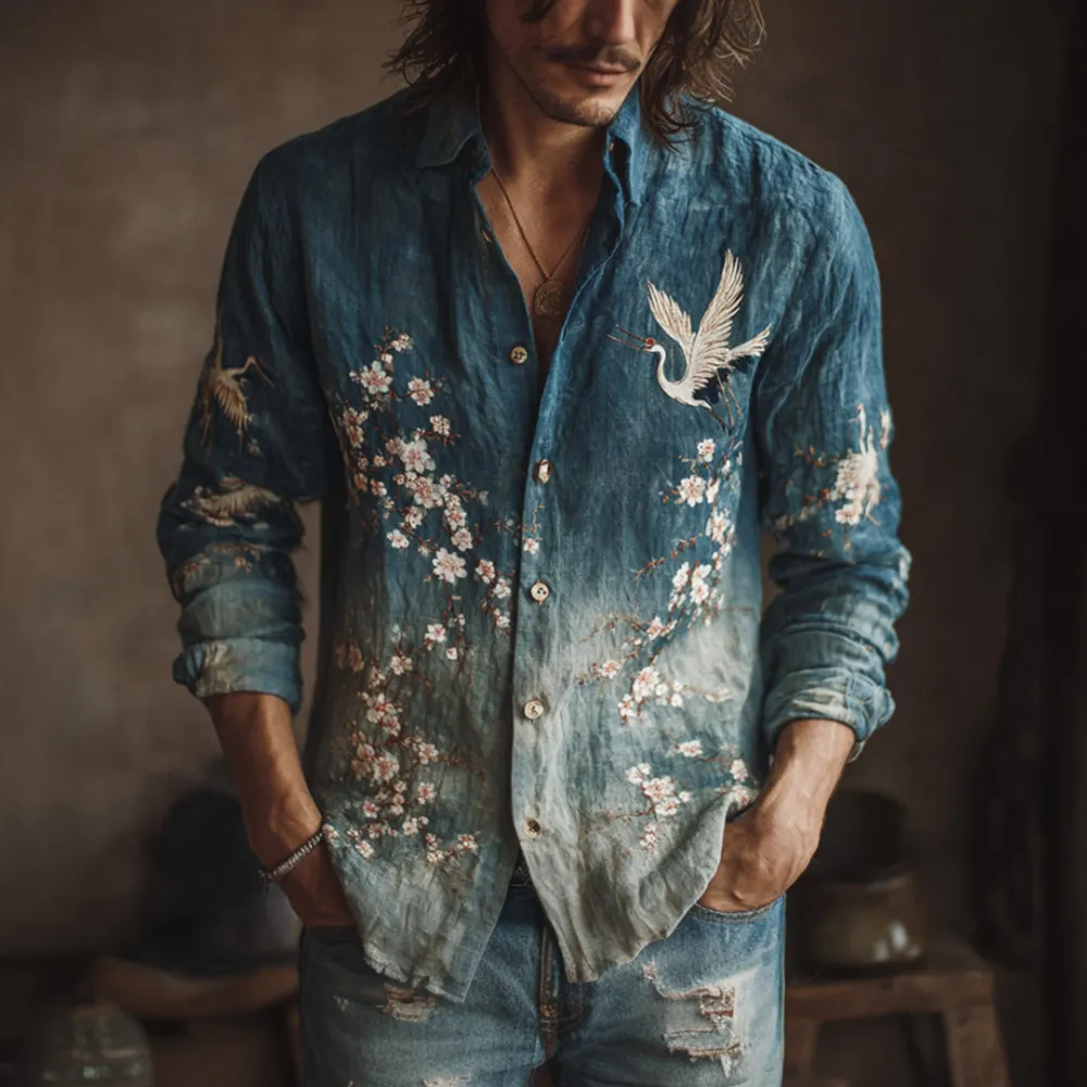 Japanese Style Crane And Cherry Blossom Tree Gradient Pattern Men's Linen Long Sleeve Shirt - Blue