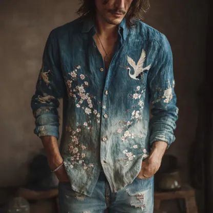 Japanese Style Crane And Cherry Blossom Tree Gradient Pattern Men's Linen Long Sleeve Shirt - Blue
