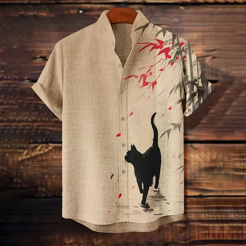 Men's Black Cat Walking In Bamboo Forest Ink Painting Print Casual Shirt - Beige