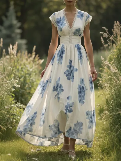 (SIZE:XS-XXL)Linen Maxi Dress, Sleeveless, V neck, Floral, Vintage, Light Blue - Light Blue