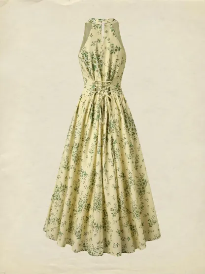 Maxi Cotton Dress, Sleeveless, V Neck, Floral, 3D Floral (Detachable), Vacation, Vintage, Yellow - Yellow