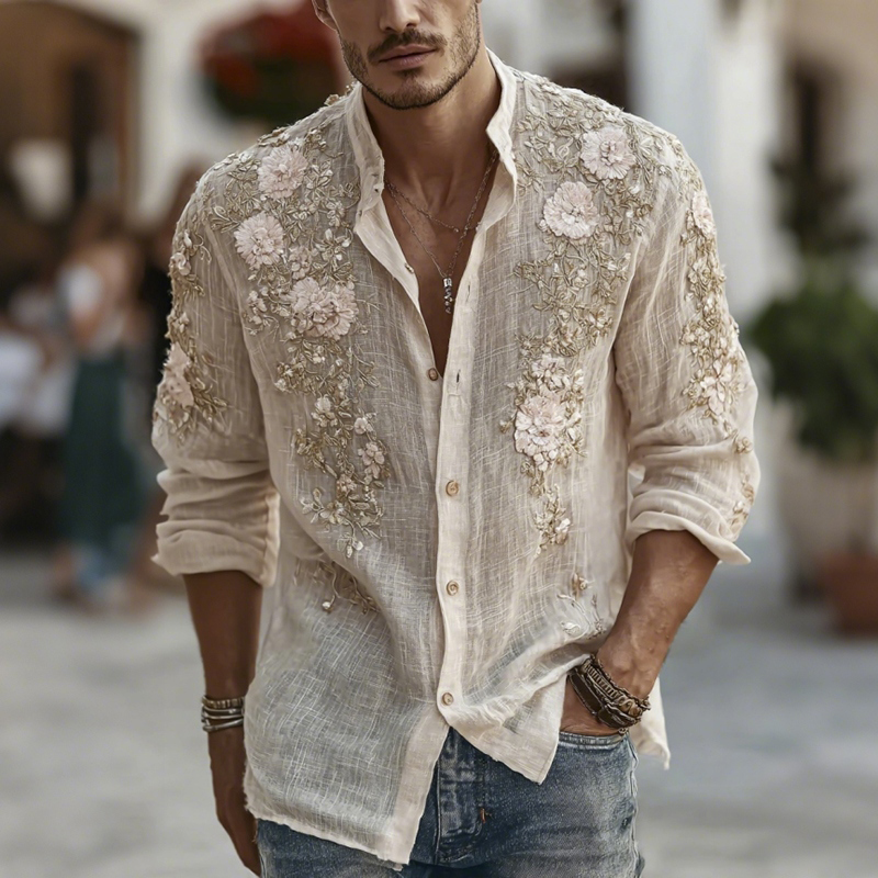 Men's Japanese-style Floral Art Casual Linen Shirt - Beige
