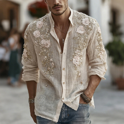Men's Japanese-style Floral Art Casual Linen Shirt - Beige
