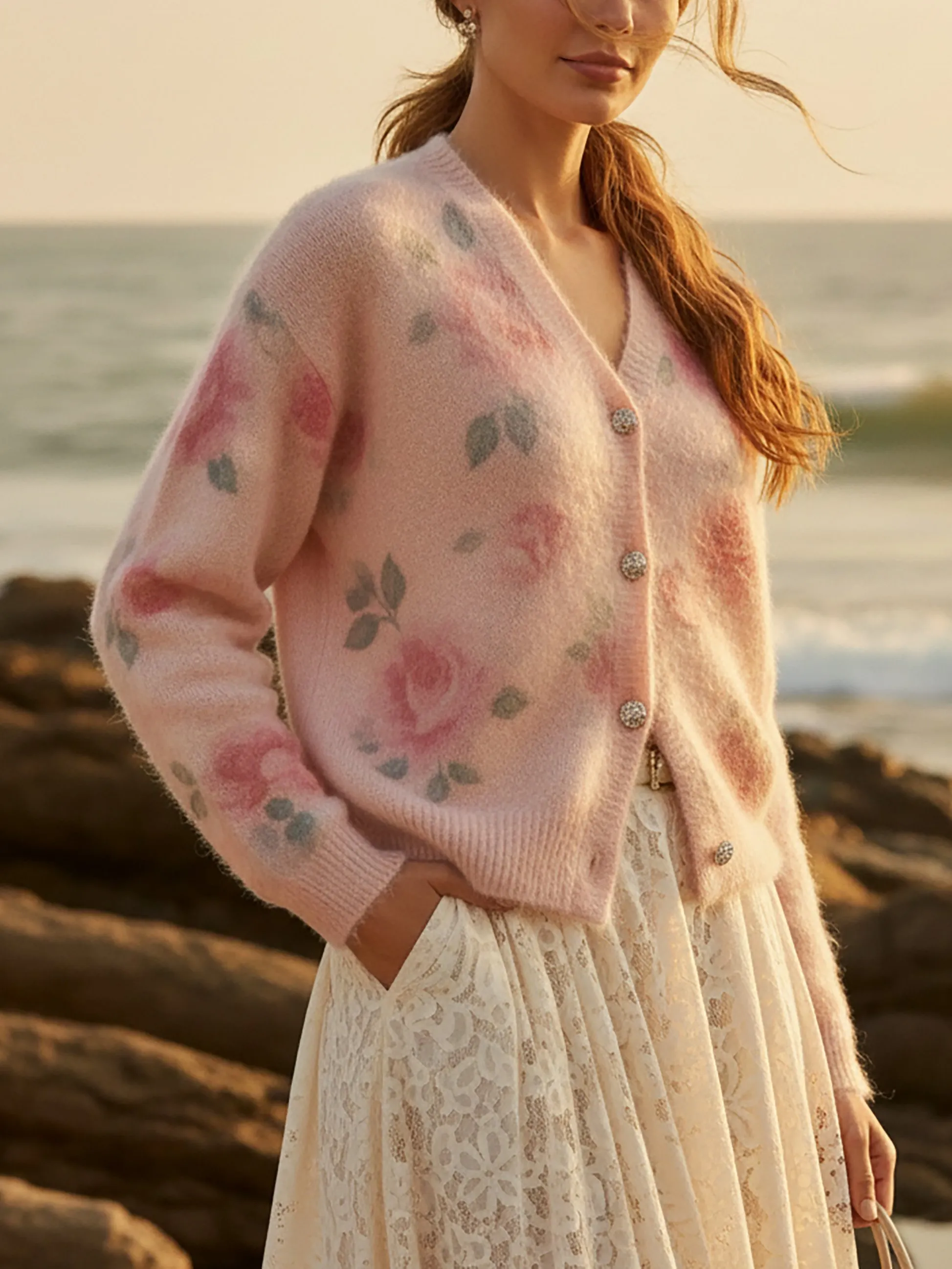 Cashmere Cardigan, Long Sleeves, V Neck, Floral, Button Design, Vintage, Pink - Pink