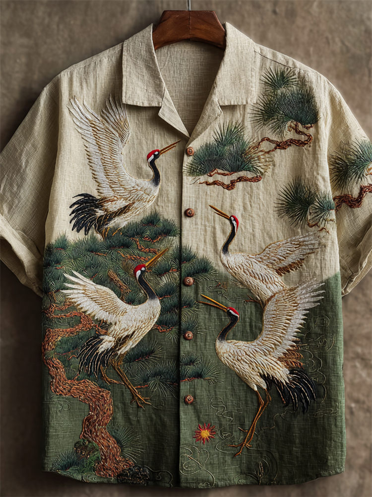 Japanese Cranes & Pine Trees Embroidered Contrast Linen Shirt - Beige green