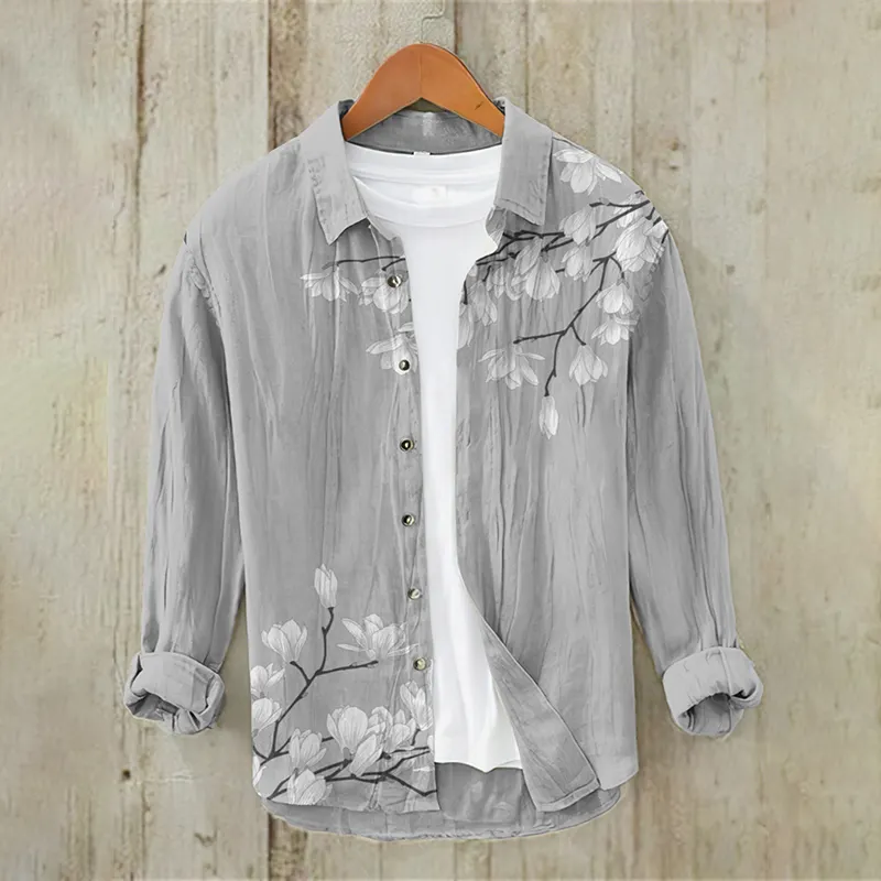 Men's Vintage Japanese Art Floral Casual Linen Blend Shirt - Blue