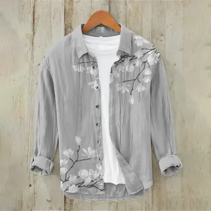 Men's Vintage Japanese Art Floral Casual Linen Blend Shirt - Blue