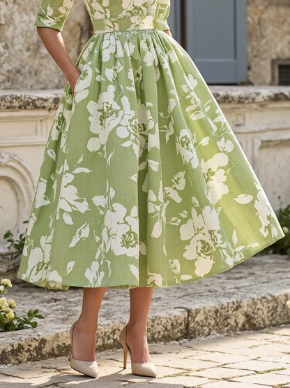 Midi Linen Dress , Half Sleeve, V Neck, Floral, Pocket Design, Vintage, Green - Green