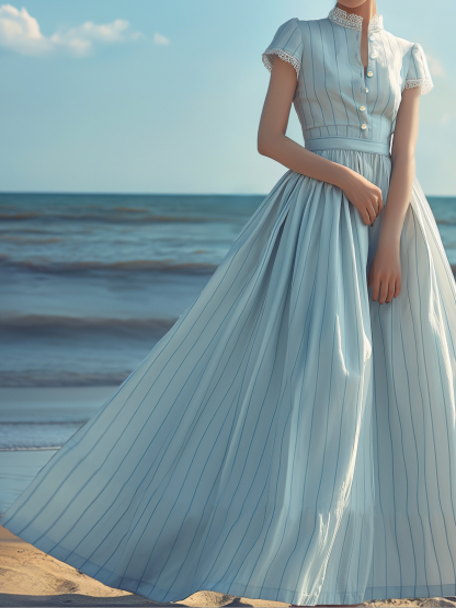 (SIZE:XS-XXL)Maxi Dress, Vintage, Summer, Natural, A-Line, Lace Collar, Short Sleeves, Blue - Aqua blue