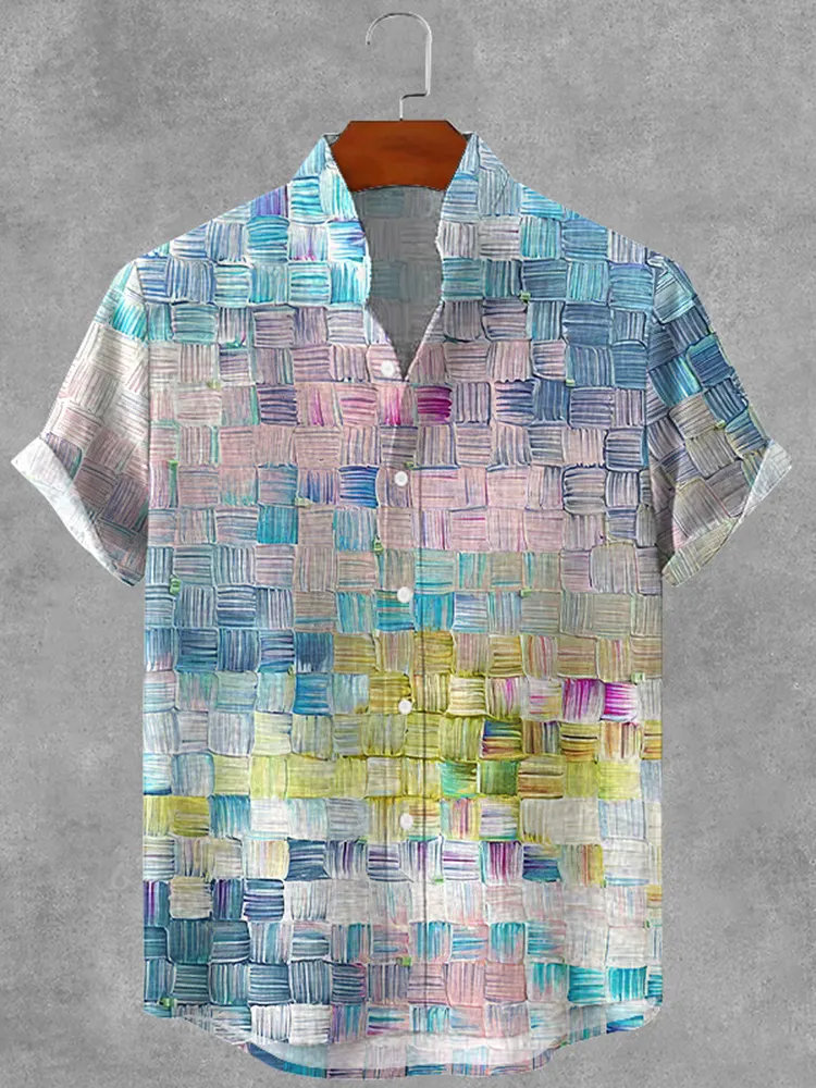 Men's Retro Oil Painting Plaid Art Print Cotton And Linen Shirt - Multicolor