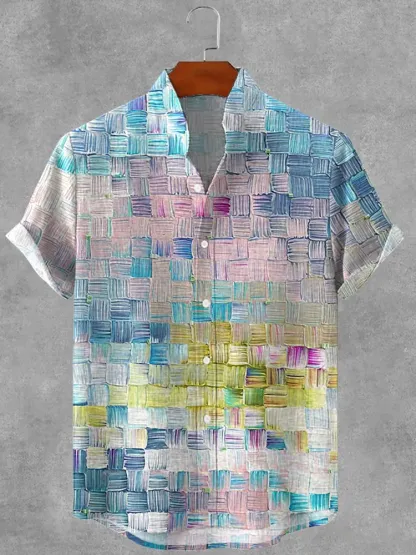 Men's Retro Oil Painting Plaid Art Print Cotton And Linen Shirt - Multicolor