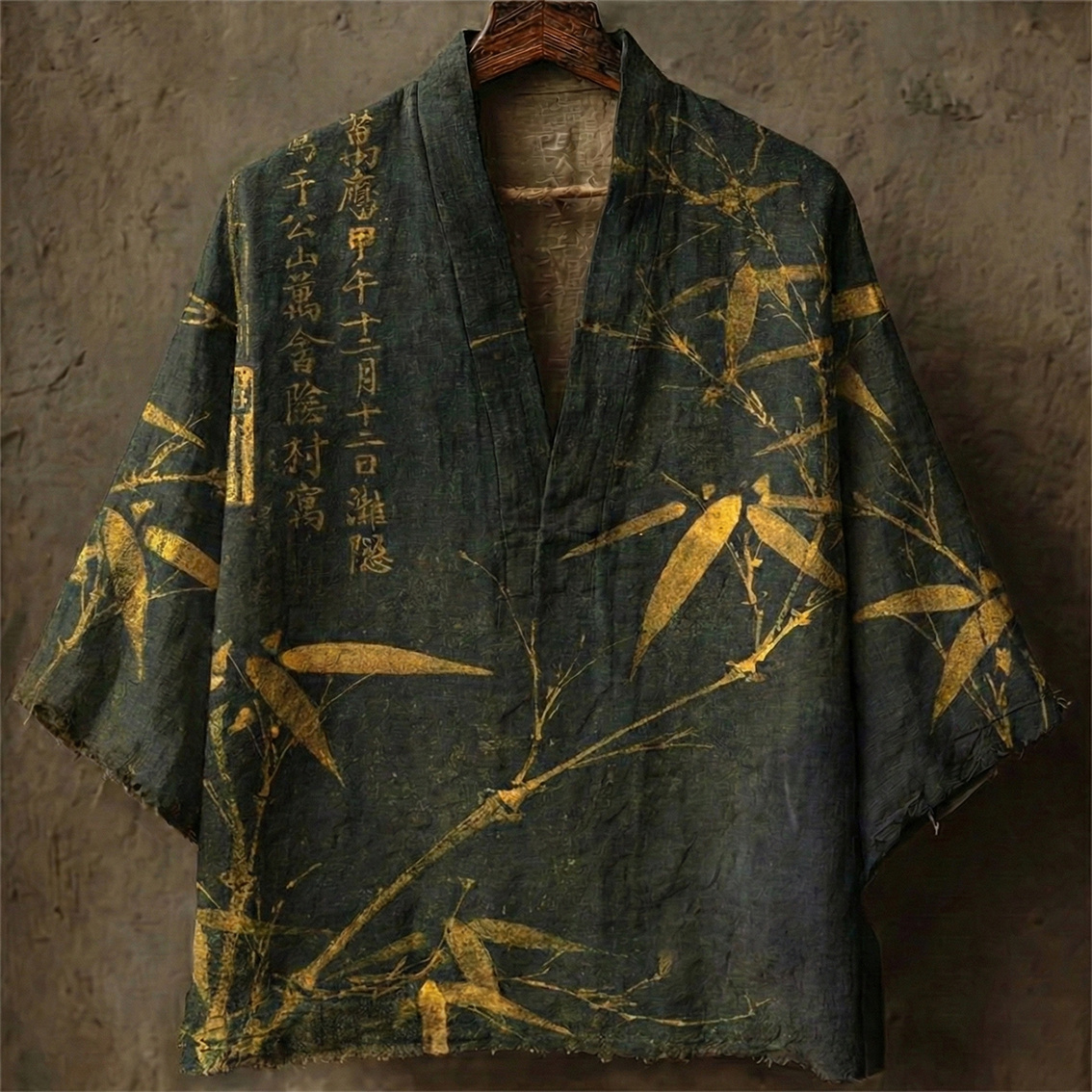 Men's Retro Bamboo Calligraphy Art Print Casual Linen Kimono - Green