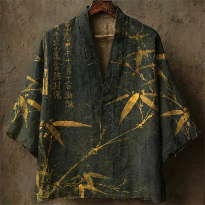 Men's Retro Bamboo Calligraphy Art Print Casual Linen Kimono - Green