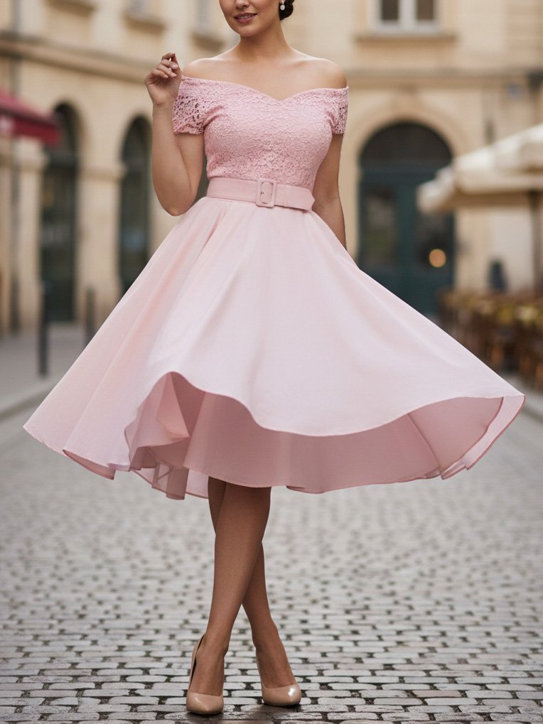 Midi Cotton Dress, Sleeveless, Off The Shoulder, Plain, Lace, French Vintage, Pink - Pink