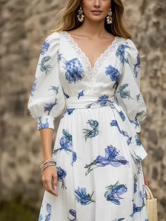 Maxi Linen Dress, Half Sleeve, V Neck, Floral, Lace, Vacation, Vintage, Blue - Blue