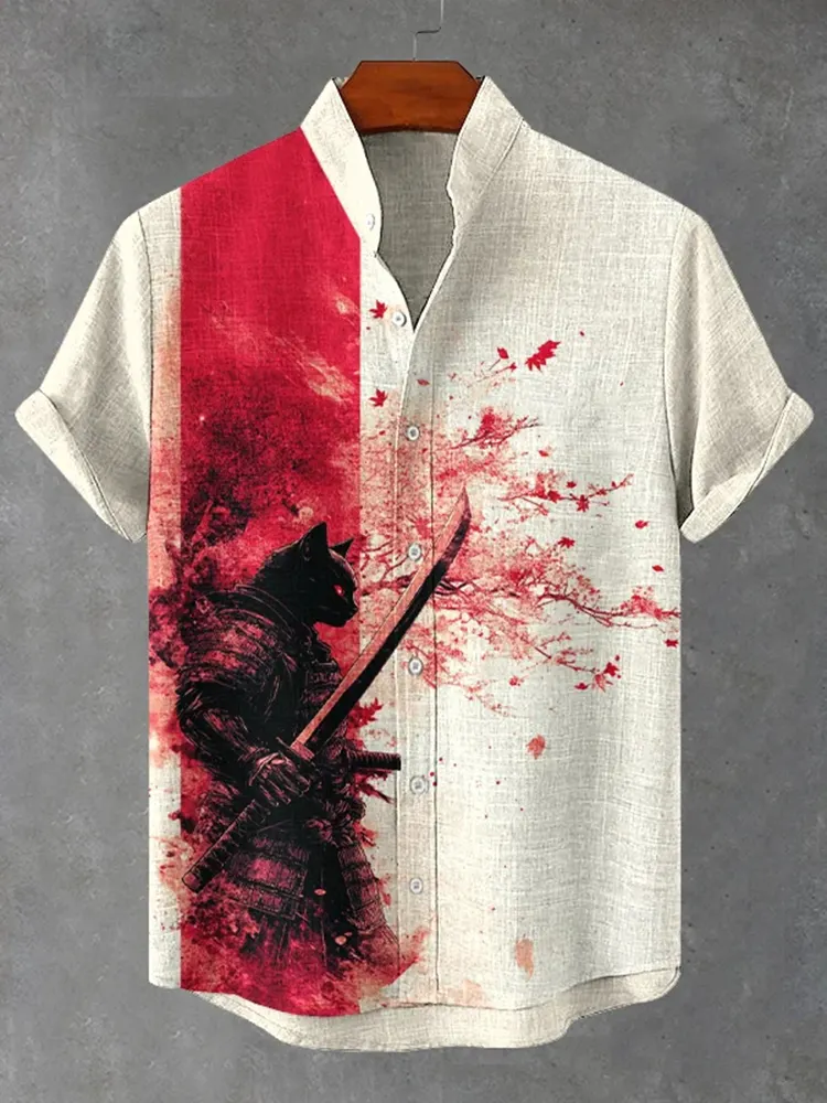 Men's Black Cat Warrior Art Print Short Sleeve Shirt - Beige