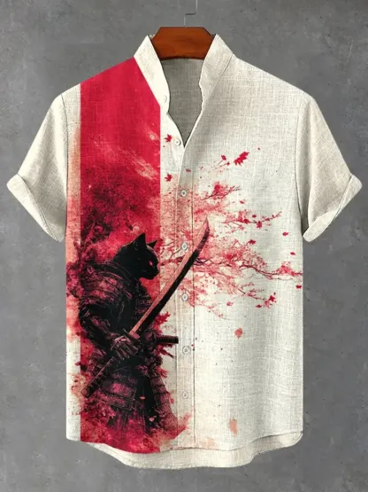 Men's Black Cat Warrior Art Print Short Sleeve Shirt - Beige