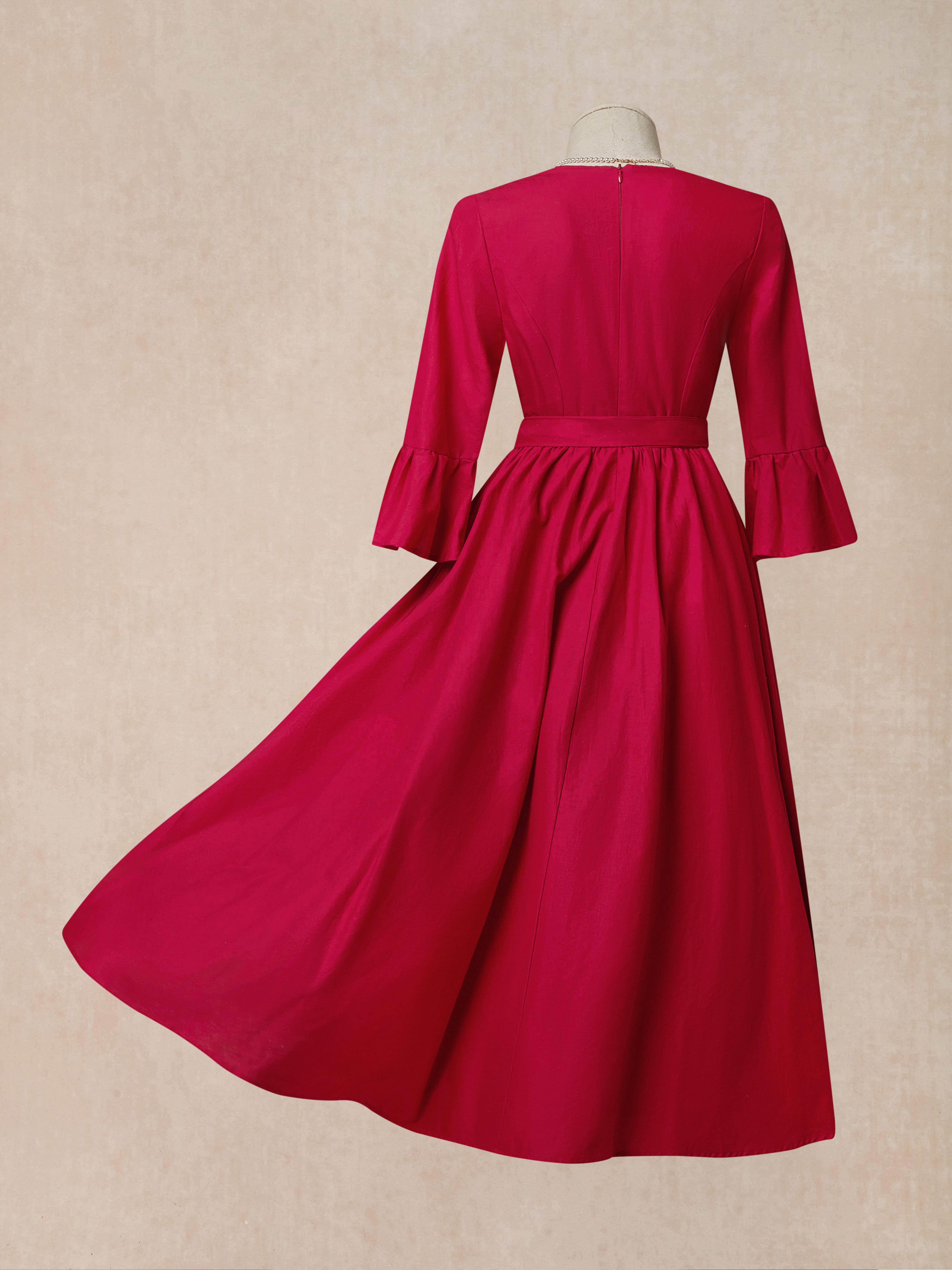 Linen Maxi Dress, 3/4 Sleeve, V Neck, Jane-Inspired Vintage, Tea Party, Linen Blend, Red, Belt - Red