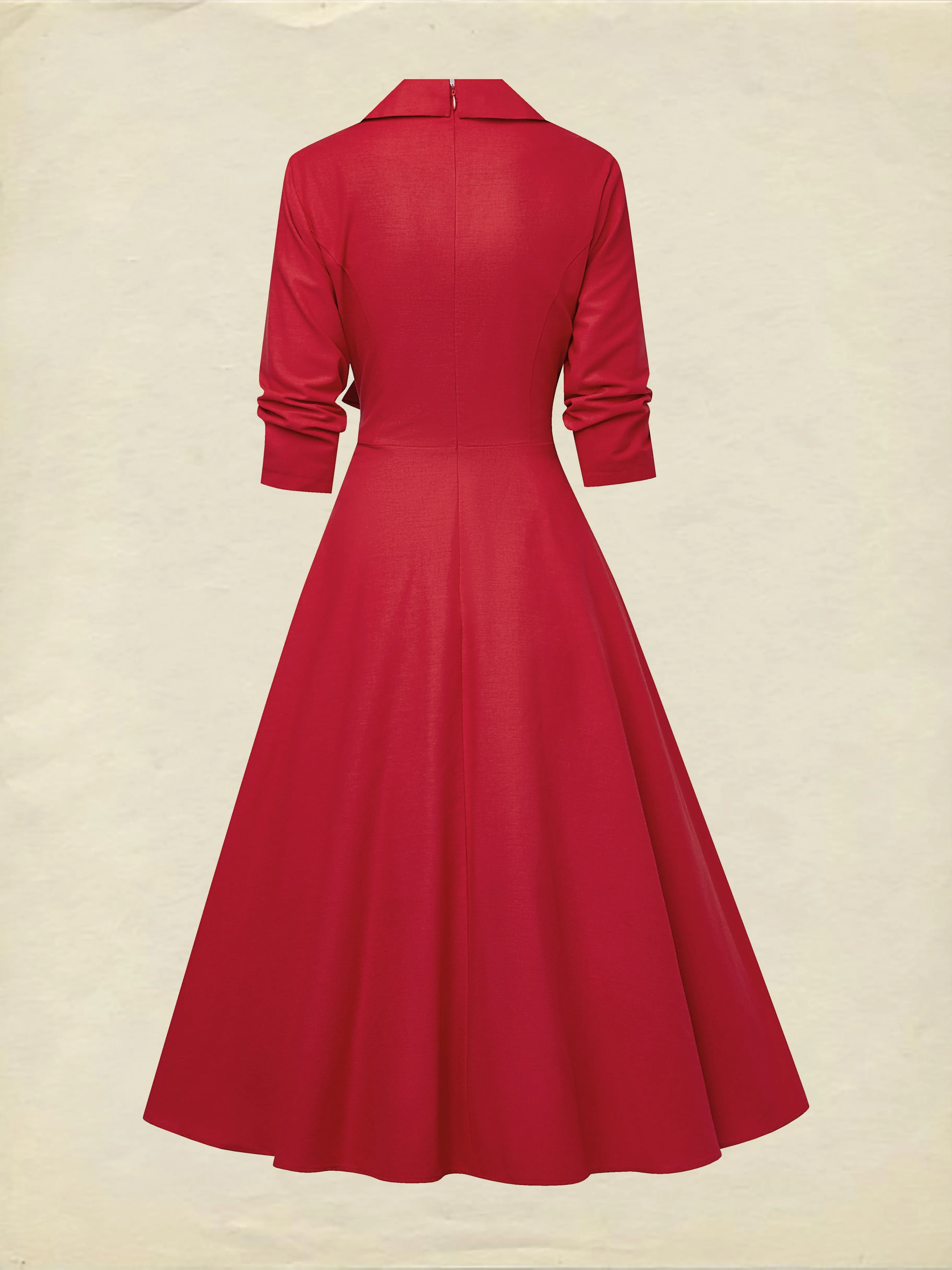Midi Linen Dress, Half Sleeve, Shawl Collar, Plain, Button Design, French Vintage, Red - Red