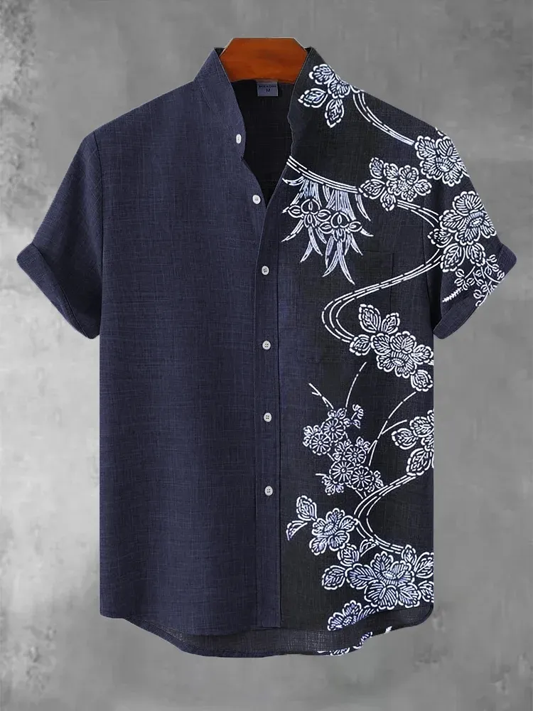 Japanese Art Print Flowers Casual Cotton Shirt - Navy blue