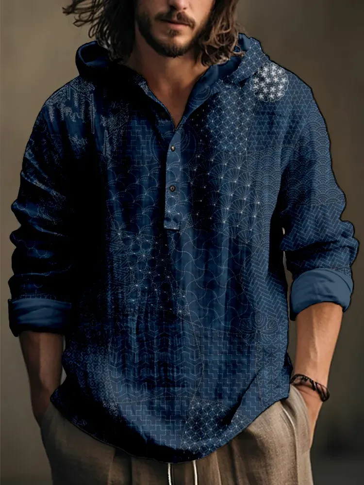 Men's Japanese Traditional Sashiko Art Linen Blend Hooded Shirt - Black