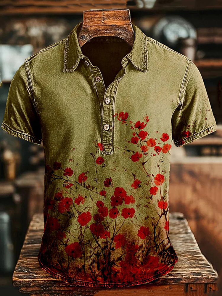 Men's Vintage Japanese Floral Art Polo Shirt - Green