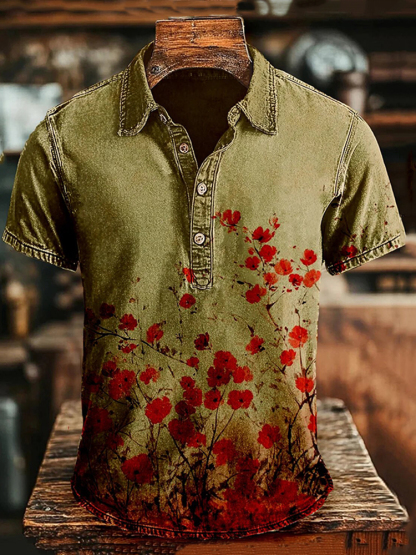 Men's Vintage Japanese Floral Art Polo Shirt - Green