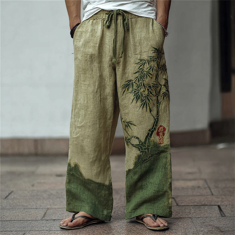 Men's Japanese Bamboo Embroidered Contrast Wide Leg Linen Pants - Green
