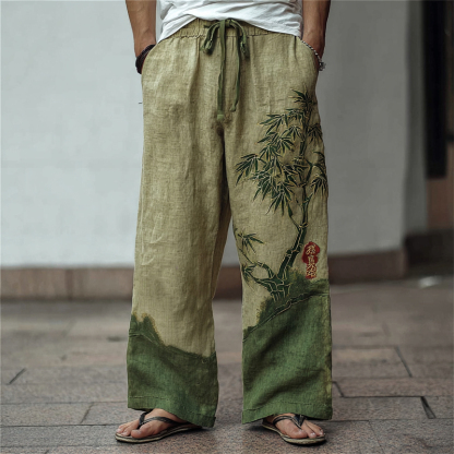 Men's Japanese Bamboo Embroidered Contrast Wide Leg Linen Pants - Green