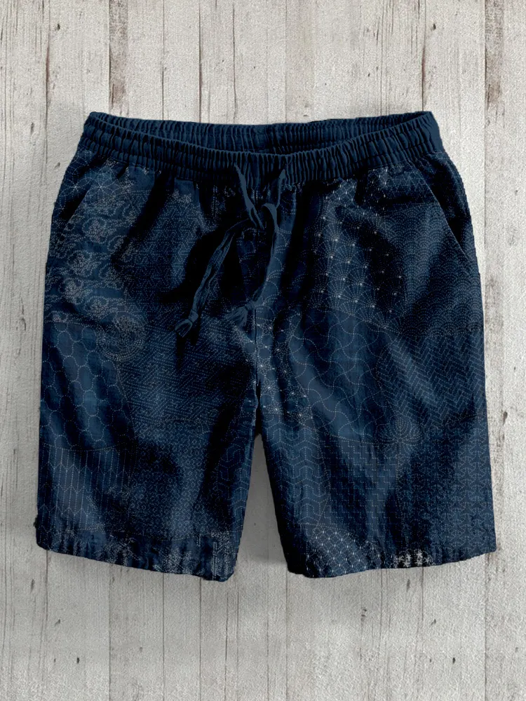 Japanese Traditional Sashiko Art Linen Blend Shorts - Black