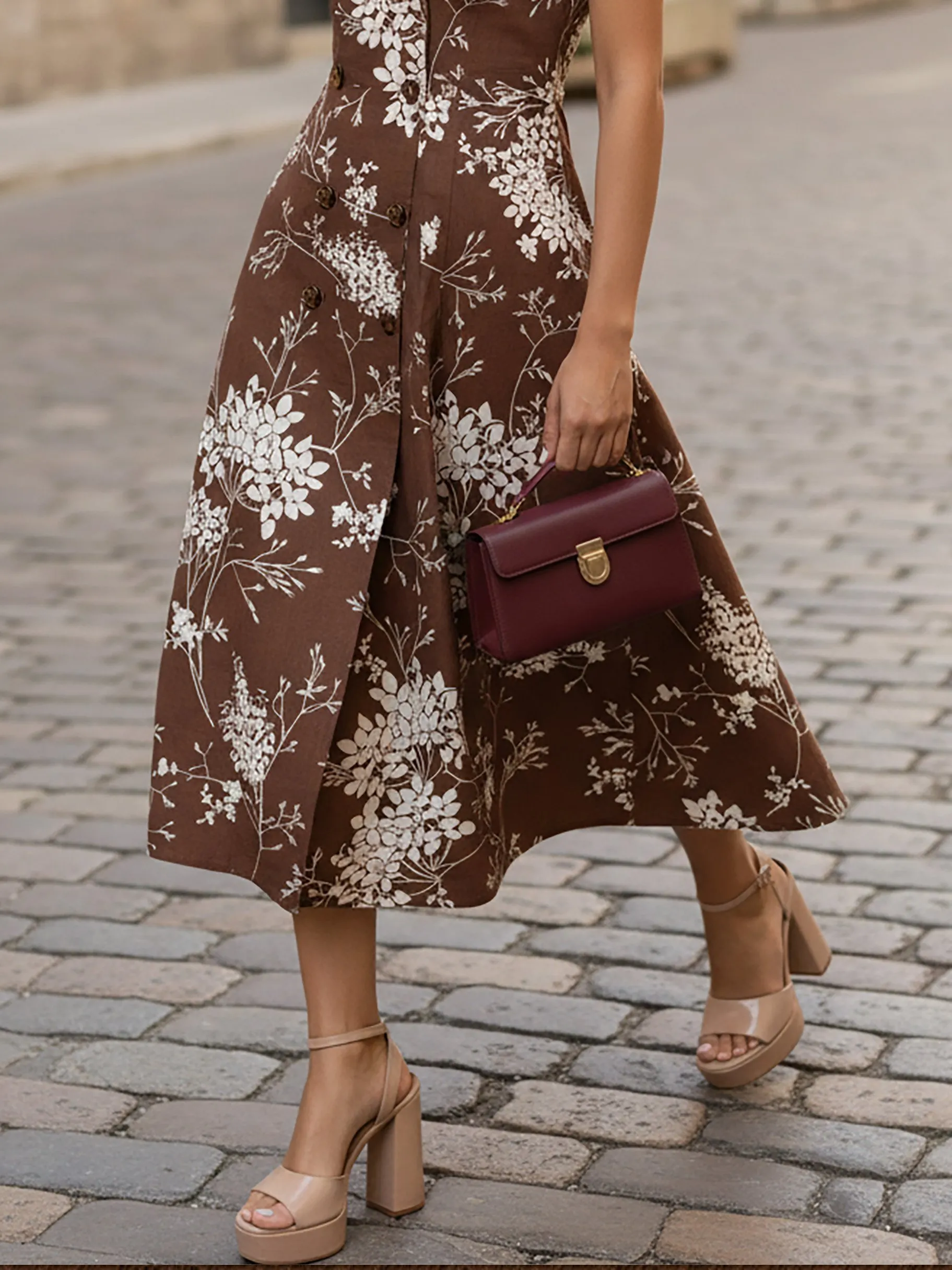 Midi Linen Dress, Sleeveless, Shawl Collar, Floral, Button Design, Vintage, Brown - Brown