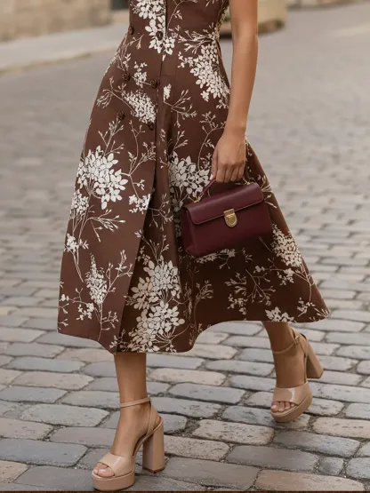 Midi Linen Dress, Sleeveless, Shawl Collar, Floral, Button Design, Vintage, Brown - Brown