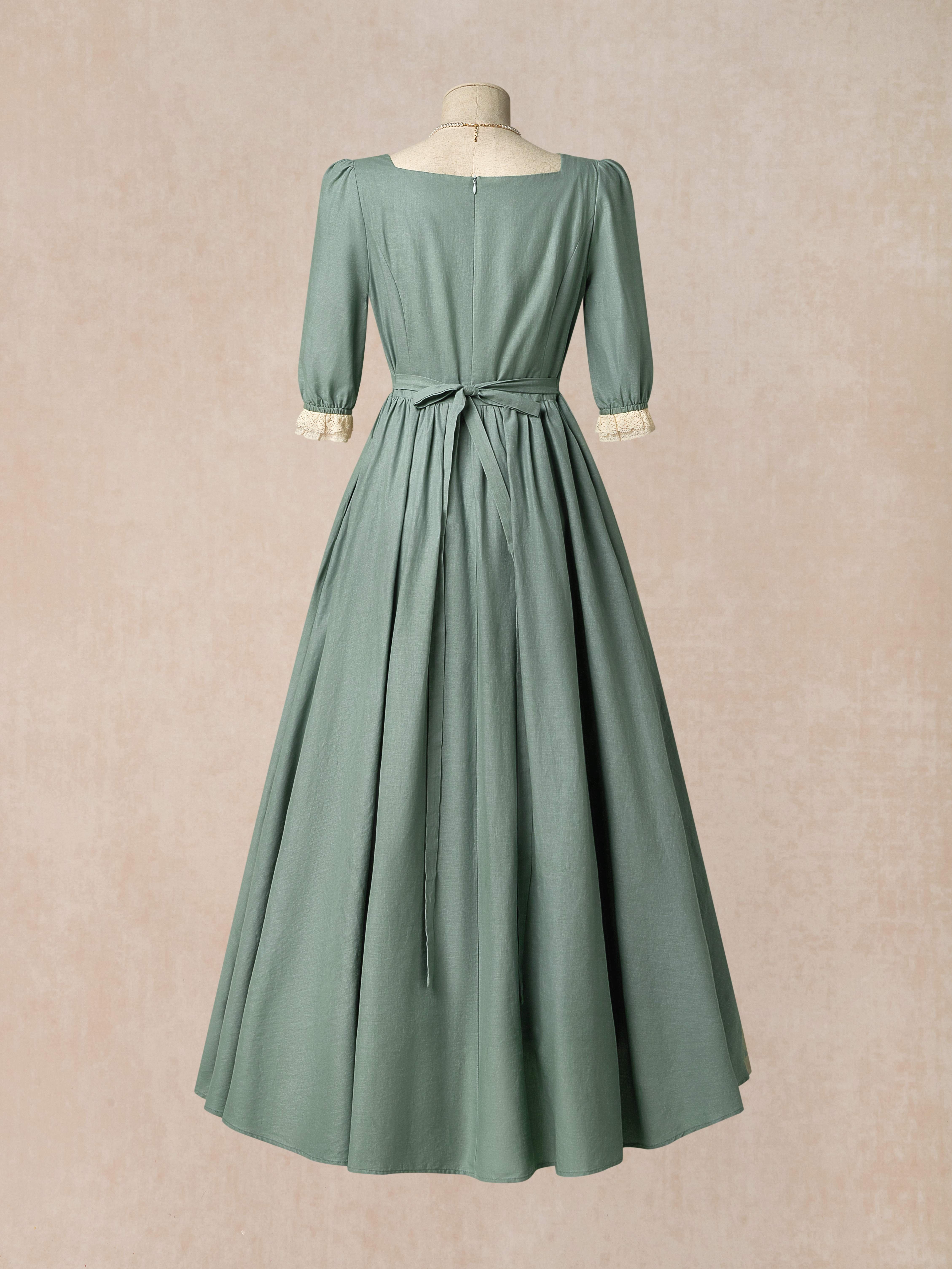 Maxi Linen Dress, 3/4 Sleeves, Square Neck, Lace Up, Linen Blend, Green - Green