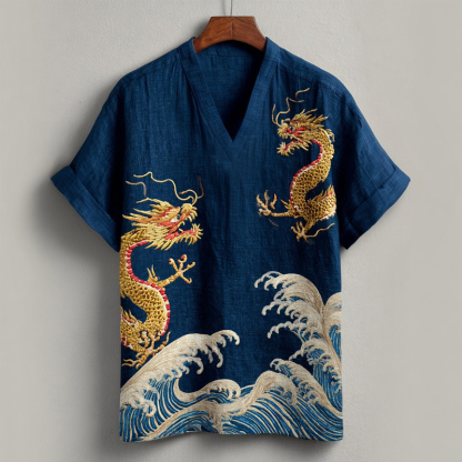 Japanese Waves & Dragon Embroidered Linen Shirt - Blue