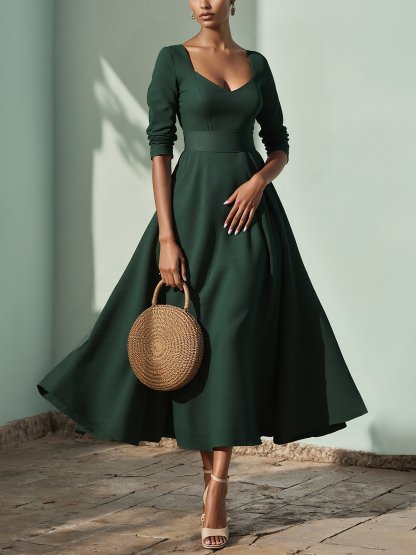 Midi Linen Dress , Half Sleeve, Sweetheart Neck, Plain, Vintage, Deep Green - Deep Green