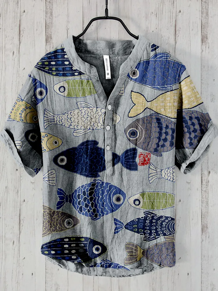 Vintage Fish Japanese Art Linen Blend Cozy Shirt - grey