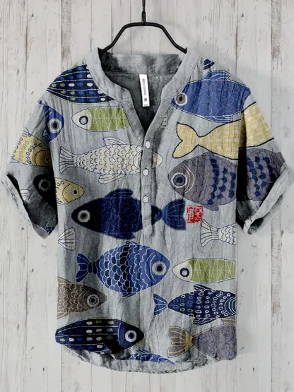 Vintage Fish Japanese Art Linen Blend Cozy Shirt - grey