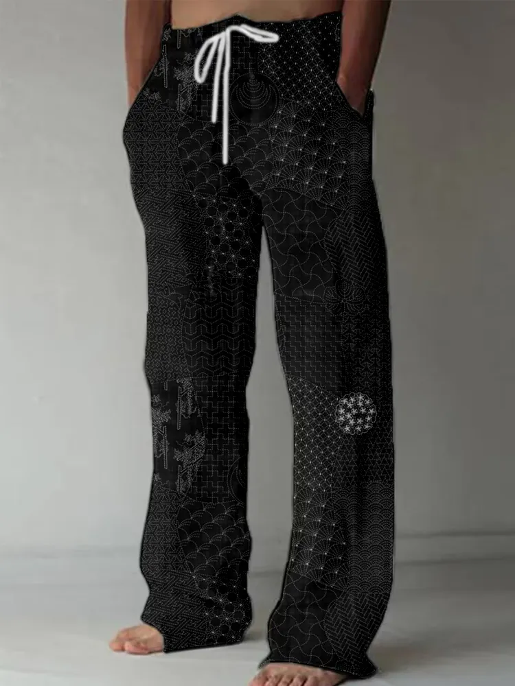 Men's Japanese Traditional Sashiko Art Linen Blend Casual Pants - Black
