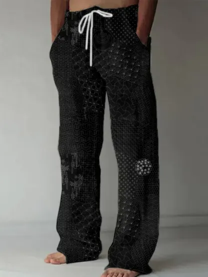 Men's Japanese Traditional Sashiko Art Linen Blend Casual Pants - Black