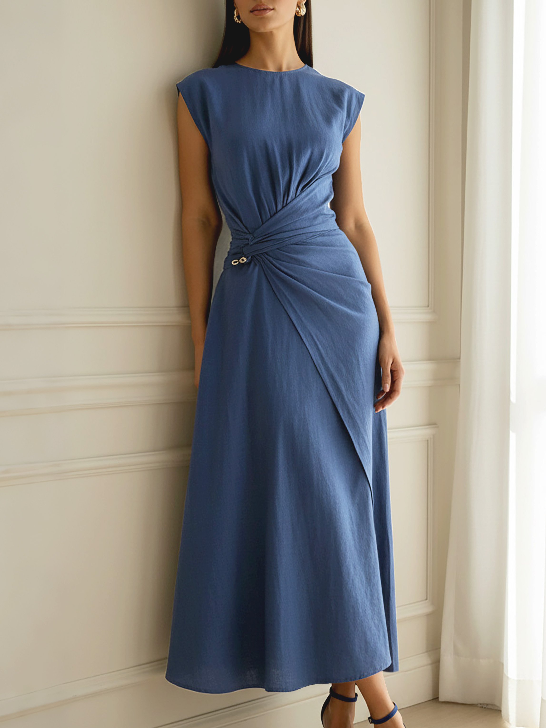 Midi Linen Dress, Cap Sleeves, Round Neck, Plain, French Vintage, Deep Blue - Deep Blue